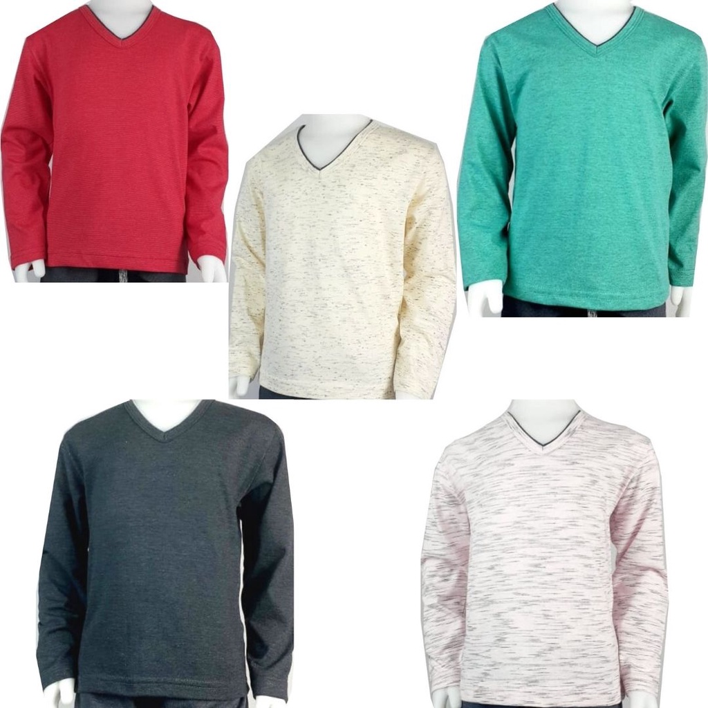 Kit 5 Camiseta Infantil Unissex Manga Longa Gola V Com Vieis