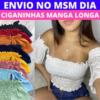 Cropped Lastex Feminino Ciganinha Manga Longa Blusa Feminina Croped Diversas Cores Tomara Que Caia