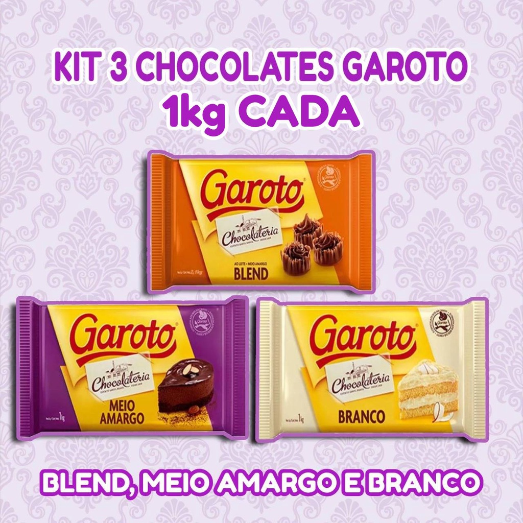 Kit Linha Completa Chocolates Garoto 3 Barras De Chocolate Garoto De 1kg Cada Blendmeio Amargo 5200