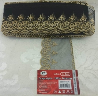 * 3 metros de  Guipir De Tule Preto Com Detalhes Dourado