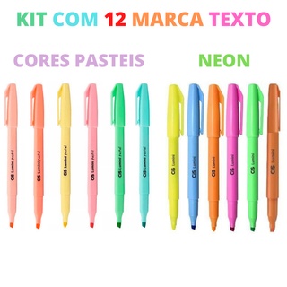 kit com 12 marca texto tons pasteis e neon