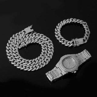 Super Kit Ice Cravejado Hip Hop Relógio + Pulseira + Corrente Zircônias Brilhantes