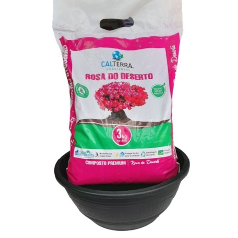 kit p/ rosa do deserto, vaso preto grande 31cm, 6,6L mais 3 quilos substrato Premium