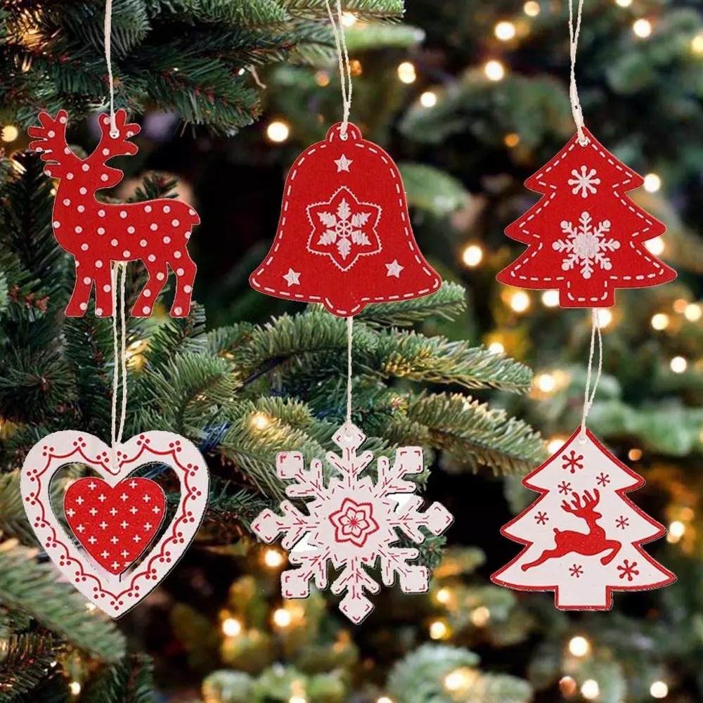 12 Pcs Árvore De Natal De Madeira Branco Vermelho Estrela Enfeites De Floco  De Neve / Pendurado Decorações De Natal Para Casa Diy Pingentes De Natal |  Shopee Brasil