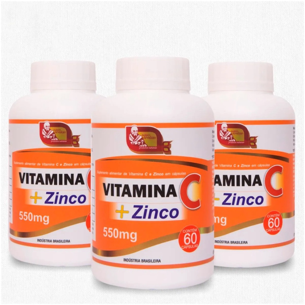 Vitamina C + Zinco - Kit Com 3 Frascos 60 Cápsulas 550mg