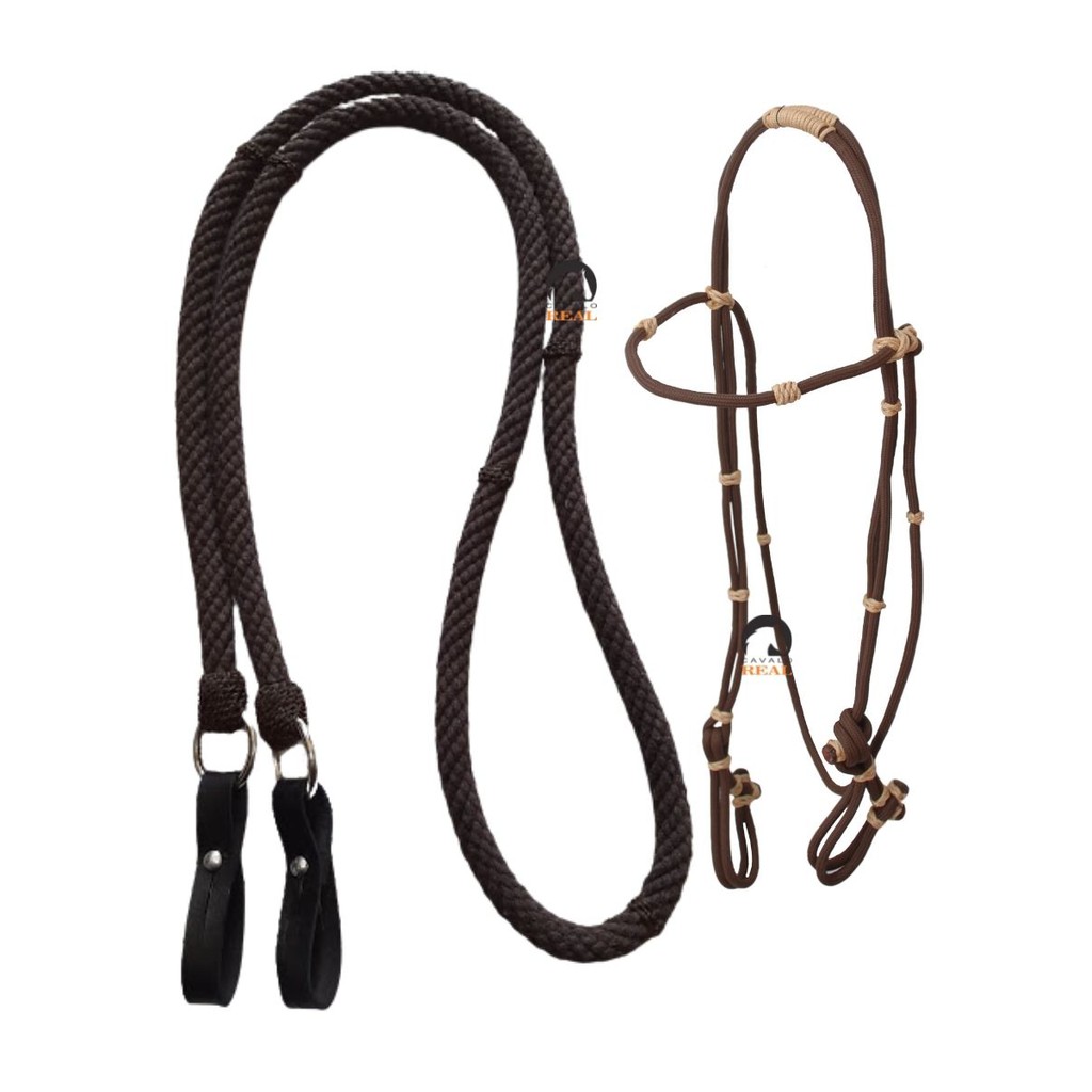 Kit Cabeçada De Cordinha + Rédea Torcida Para Cavalo Mangalarga