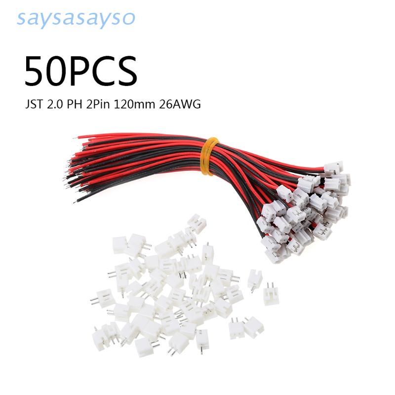Says 50 Conjuntos Jst 2.0 2-pin Conector Fios Cabos 120mm 26awg em Oferta na Shopee
