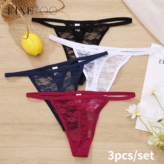 FINETOO 3pçs/Conjunto Tanga Fio Dental De Renda Cintura Baixa Feminina M-XL Sexy 5 Cores 2021