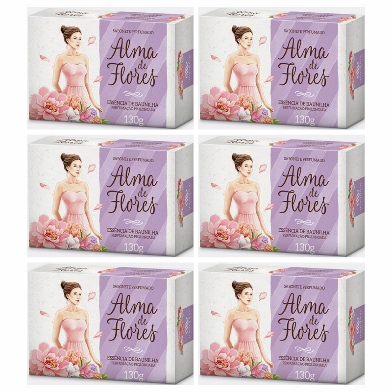 Kit 6 Sabonete Perfumado Alma De Flores Em Barra Baunilha 130g