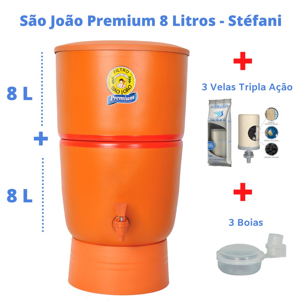 Filtro de Barro para Água São João Premium 8 L 3 V  Cerâmica Stéfani + 3 Velas Tripla Ação + 3 Boias