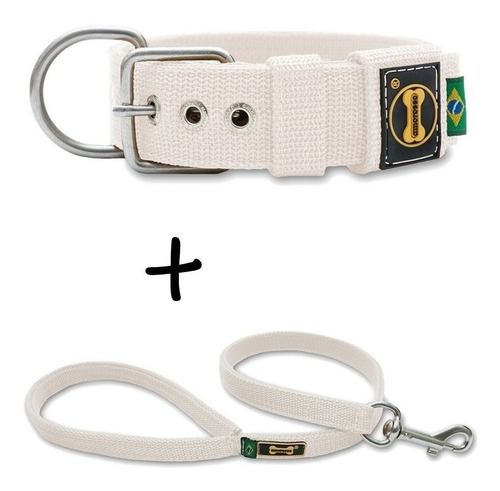 Coleira Cachorro Grande Pit Bull + Guia 80cm Branca (Reforçada / Super Resistente)