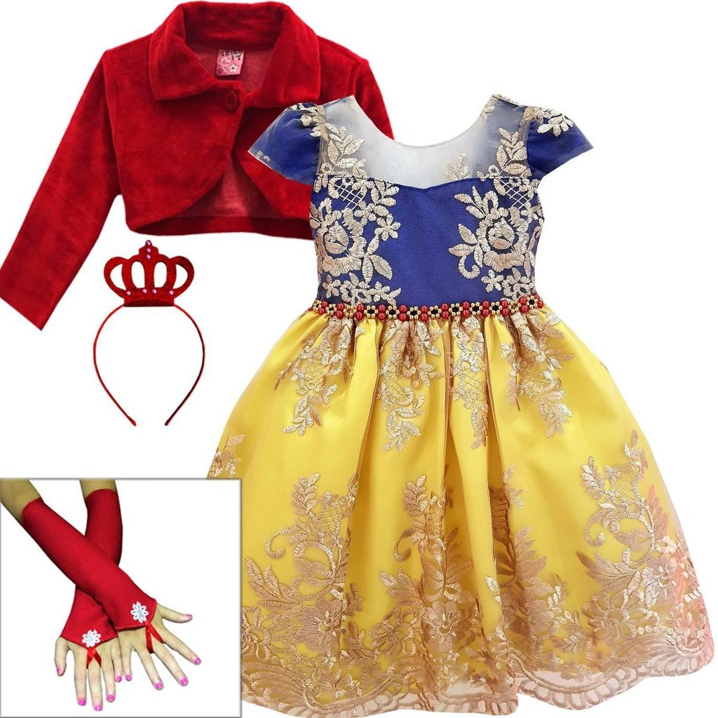 Vestido Infantil Realeza Branca De Neve Festa Aniversario Com Bolero Luva e Coroa