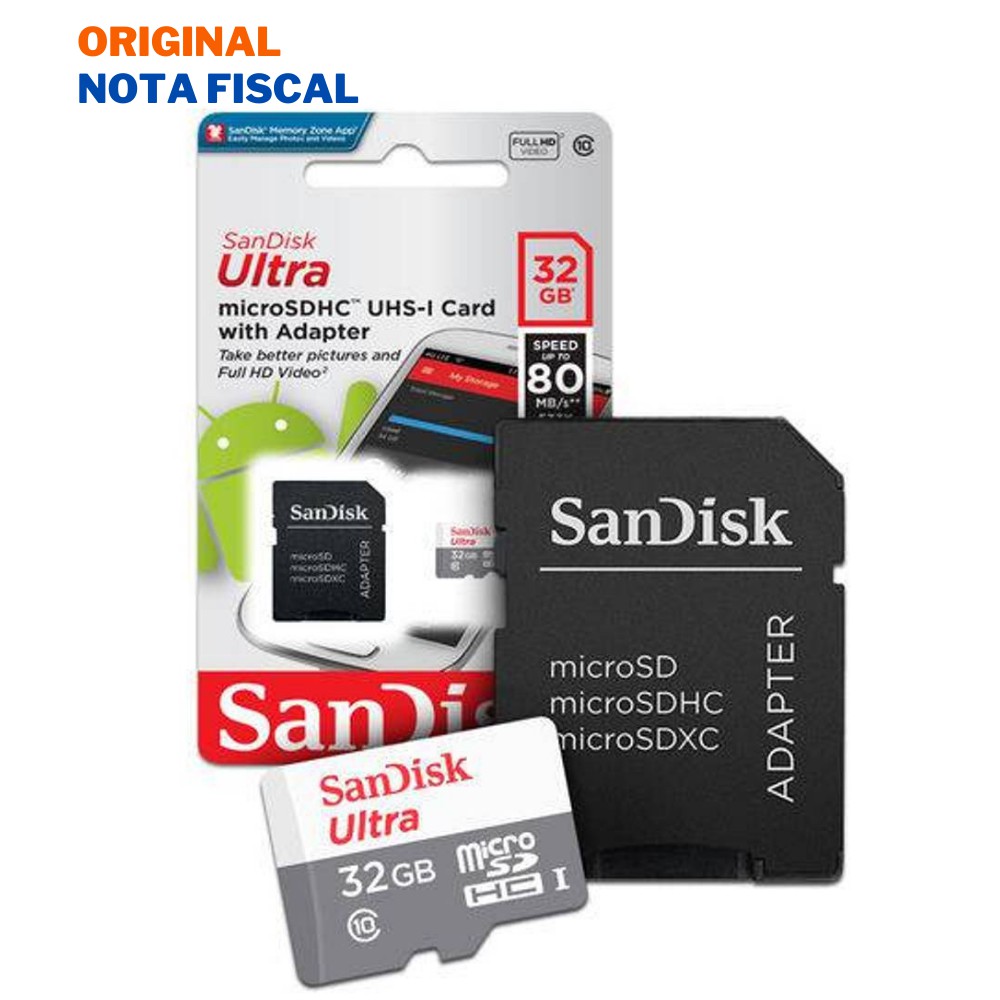 Cartão de Memória Sandisk Micro SD 32GB 80mb/s Ultra Classe 10 p/ Celular Câmera SDSQUNS-032G-GN3MA