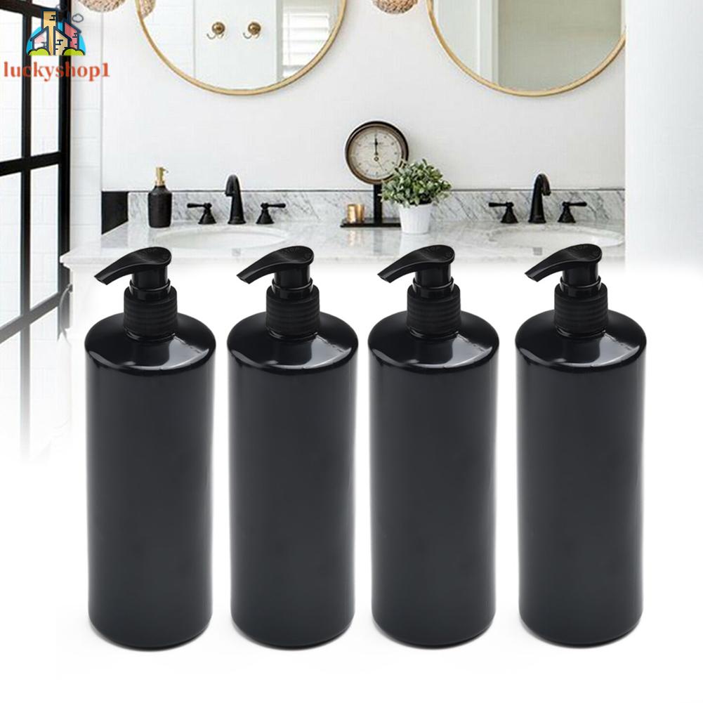 4x Garrafas Vazias Recarregáveis Da Bomba Loção 500ml Para O Distribuidor Do Sabão Gel Shampoo Preto Ombro Plano Imprens