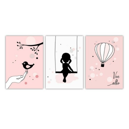 PLACA QUADRO DECORATIVO INFANTIL BEBE MENINA BALANÇO 20X30 KIT 3 PEÇAS