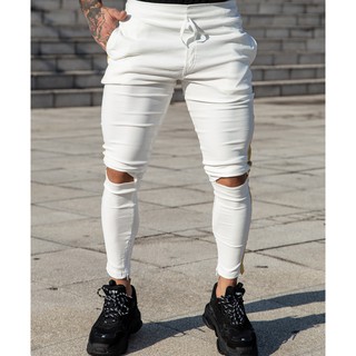 Calça Off White Rasgo No Joelho Listra Lateral Preta/Dourada