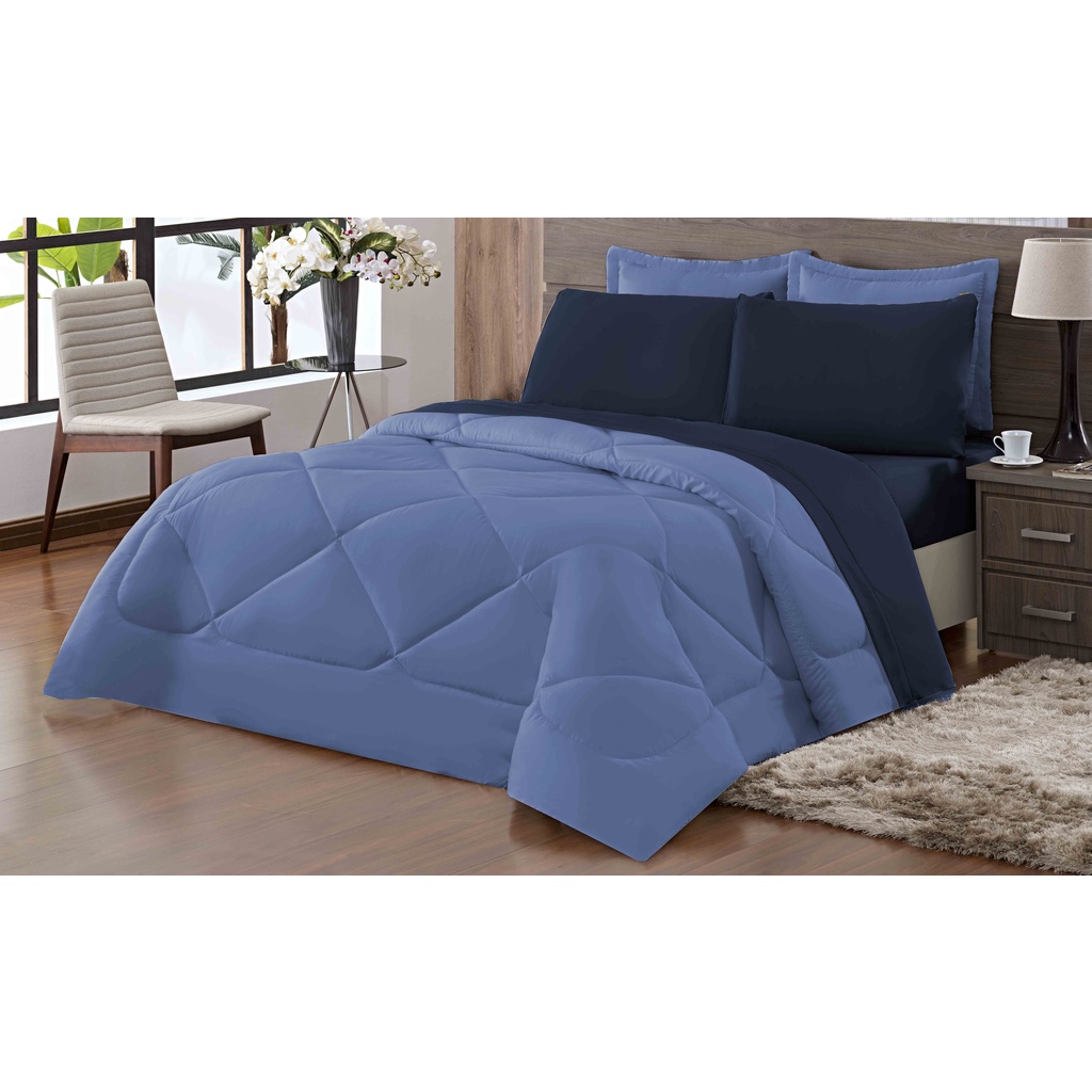 Kit Edredom Casal Queen Dupla Face Azul Marinho Azul Claro Com 5 Peças