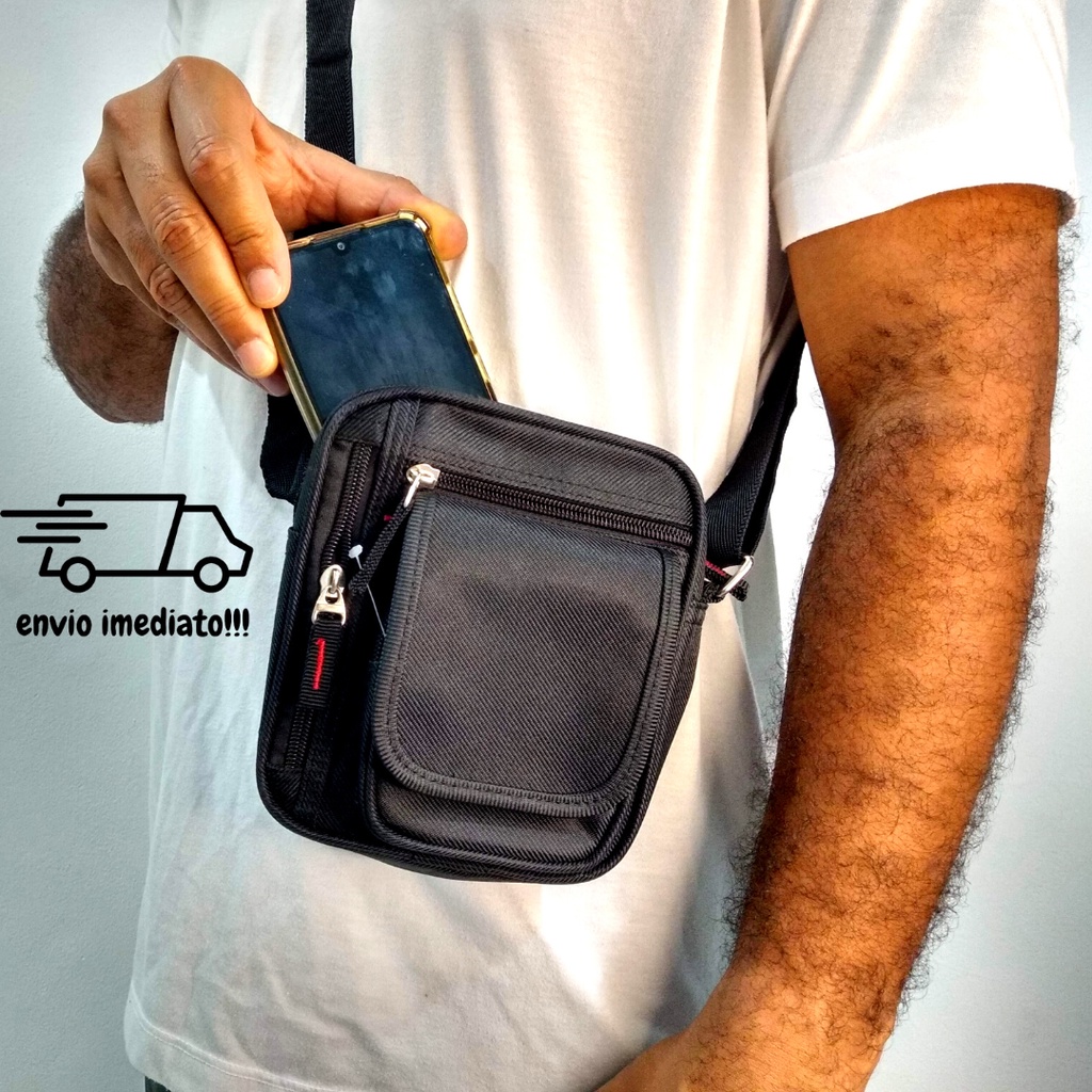 Shoulder Bag Lateral Pochete com Ziper Unissex Bolsa Transversal Alça Regulável Cor Preta - Estampada