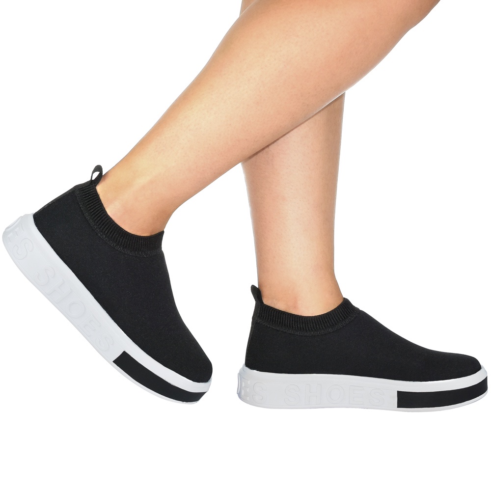 Detalhes do Tênis Preto Meia Feminino Casual Sneaker Slip On Plataforma