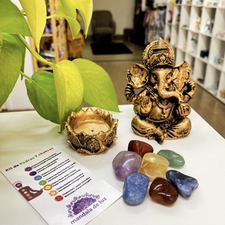 Kit Estátua De Ganesha + Castiçal + 7 Pedras Dos Chakras