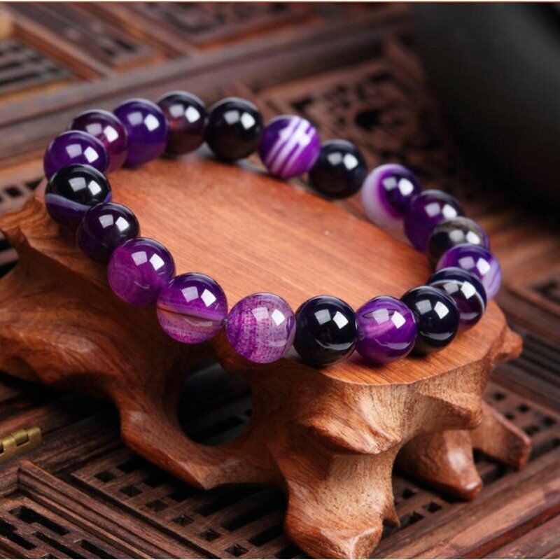 Pulseira Vintage Com Contas De Ágata Roxa/Pedra Natural/Bijuteria/Presente