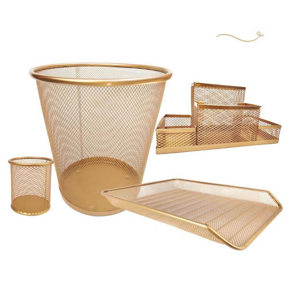 Kit Escritório Lixeira Organizador de Mesa Bandeja Organizadora Porta Caneta Dourado em Oferta na Shopee