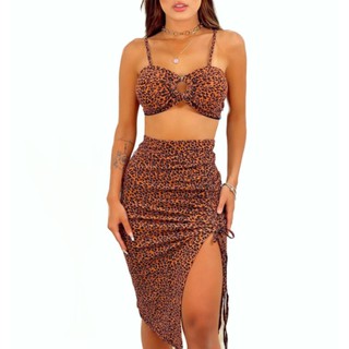Conjunto Saia Lápis Fenda + Top Cropped Alça Onça Oncinha Verão 2024