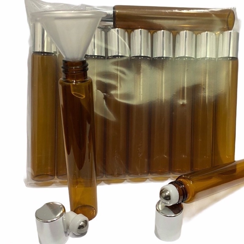 10 frascos vidro(fino) âmbar Rollon 10ml tampa prata ou dourada e 1 mini funil plástico