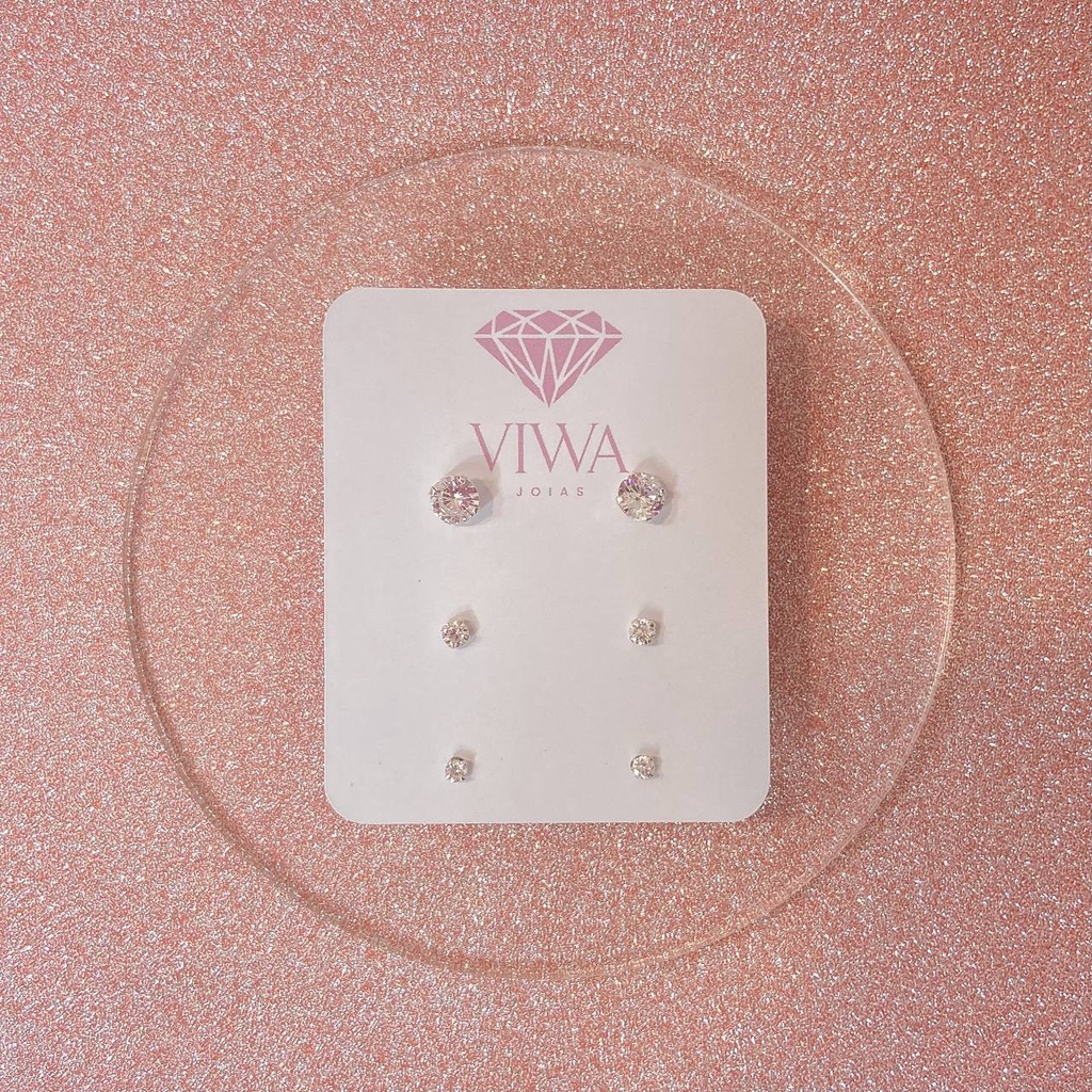 Kit 3 pares de Brincos Trio Pedra Zircônia Brilhante 5mm 3mm 2,5mm em Aço Inox e Prata em Oferta na Shopee