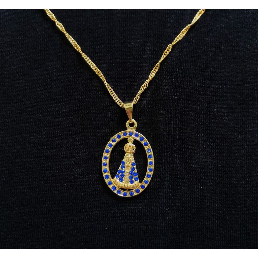 Colar corrente gargantilha folheada folheado ouro com pingente strass Nossa Senhora Aparecida LM002