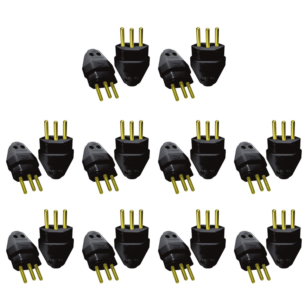 Plugue Macho Preto 20a 2P+T Maciço Radial Kit com 10 peças