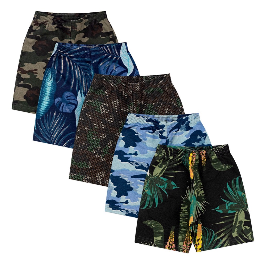 Kit 4 Bermudas Camuflado ou Floral Estampadas Barato Verão Masculino Infantil Tamanhos 1 2 3 4 6 8