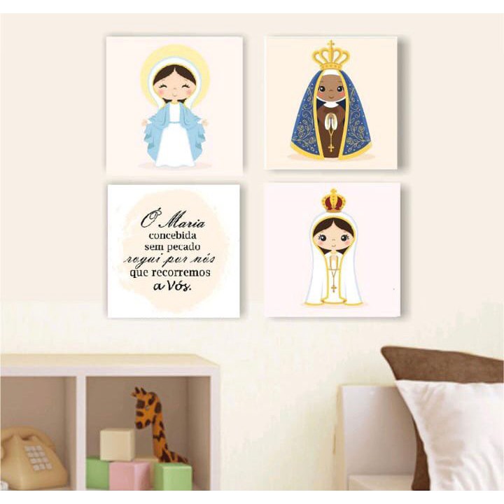 Kit 4 Peças Quadro Decorativo Nossa Senhora Cute Oração - Painel Decoração
