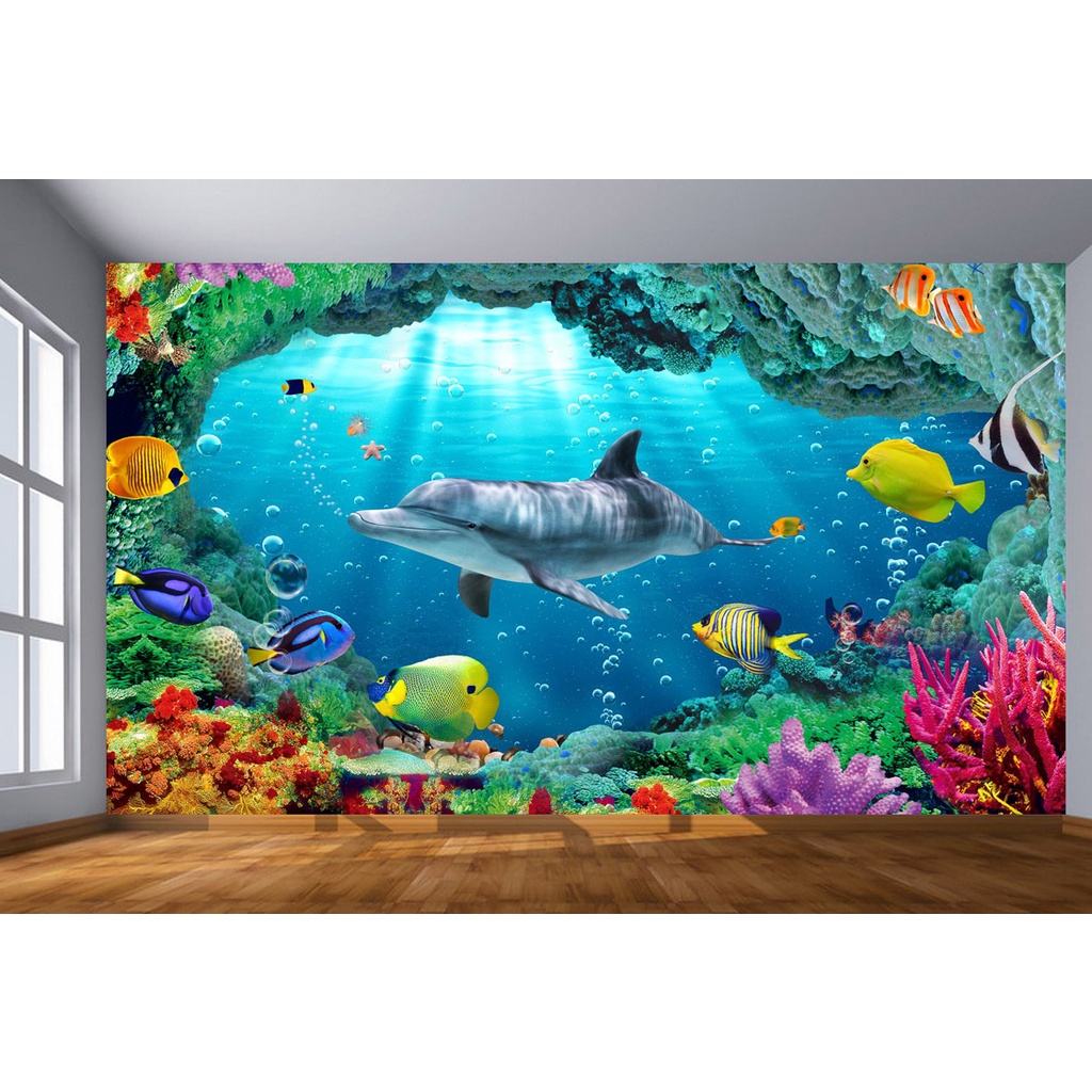 Papel de Parede Adesivo Decorativo Fundo do Mar Golfinho Peixes Tubarão Aquário Paisagem Arte FM 078