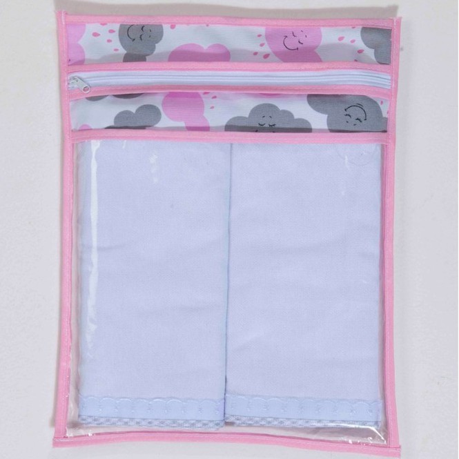 Saquinho Para Roupa de Bebê p/ Maternidade Bebe Menina Rosa Nuvem Chuva de Amor Plastificado Zipper 1pç
