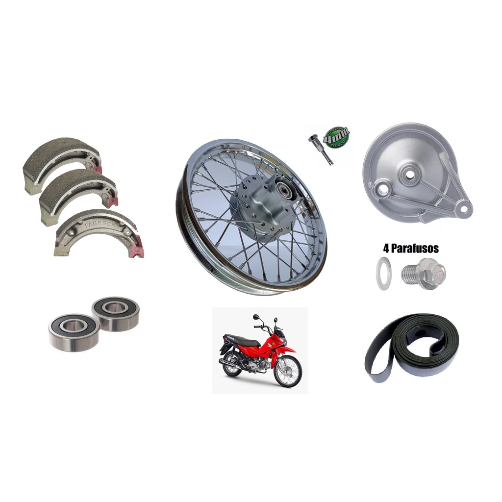 Roda Traseira Completa Montada Honda Pop 100 / Pop 110 - Patim De Freio Lona + Câmara De Ar 14" - Raio 4mm