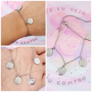 Pulseira São Bento em aço inox pingente medalha proteção dupla face cirúrgico