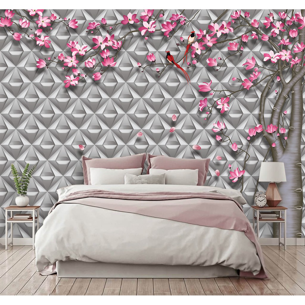 Papel de Parede Adesivo Autocolante Design 3D Cinza Árvore de Flores da Decoração de Quarto e Sala