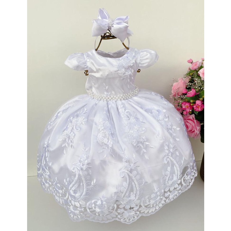 Vestido Bebê e Infantil Branco para Batizado Daminha Festas Luxo Vestido Batizado Infantil Renda Luxo