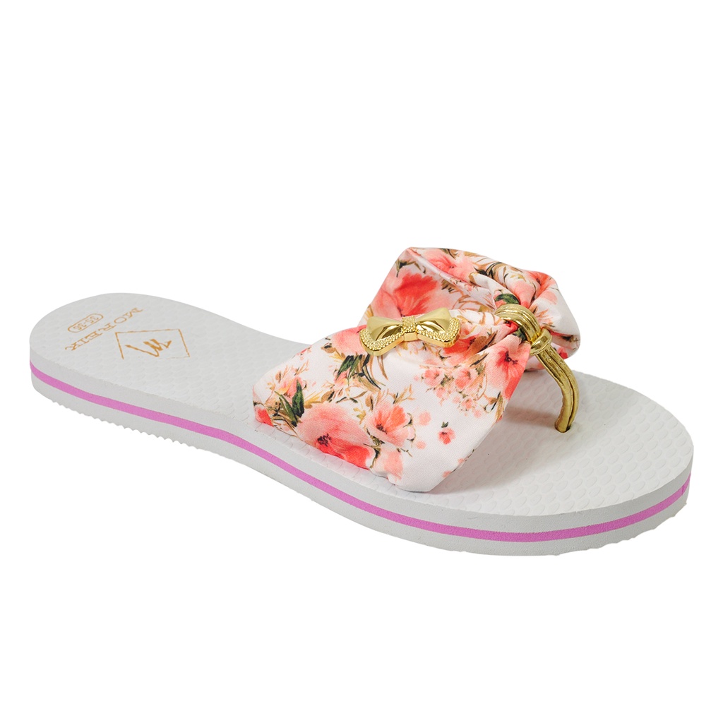 Chinelo Sandália Moreik Feminina Laço Pano Tecido Estampado Moda Borracha Antiderrapante Rasteirinha Confortável Floral