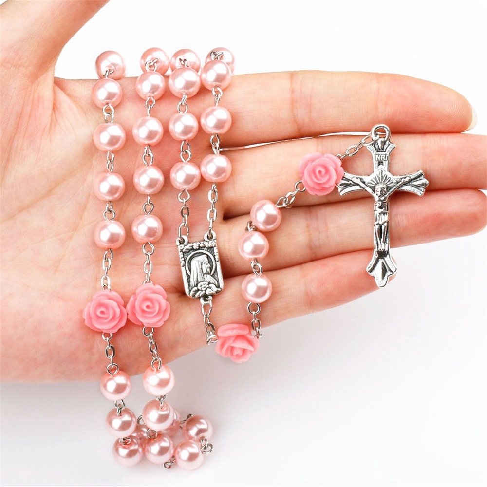 Rosa 6mm De Vidro Pérola Como Rosa Colar Christian Cruz Colar De Rosário Religioso Colar Nx