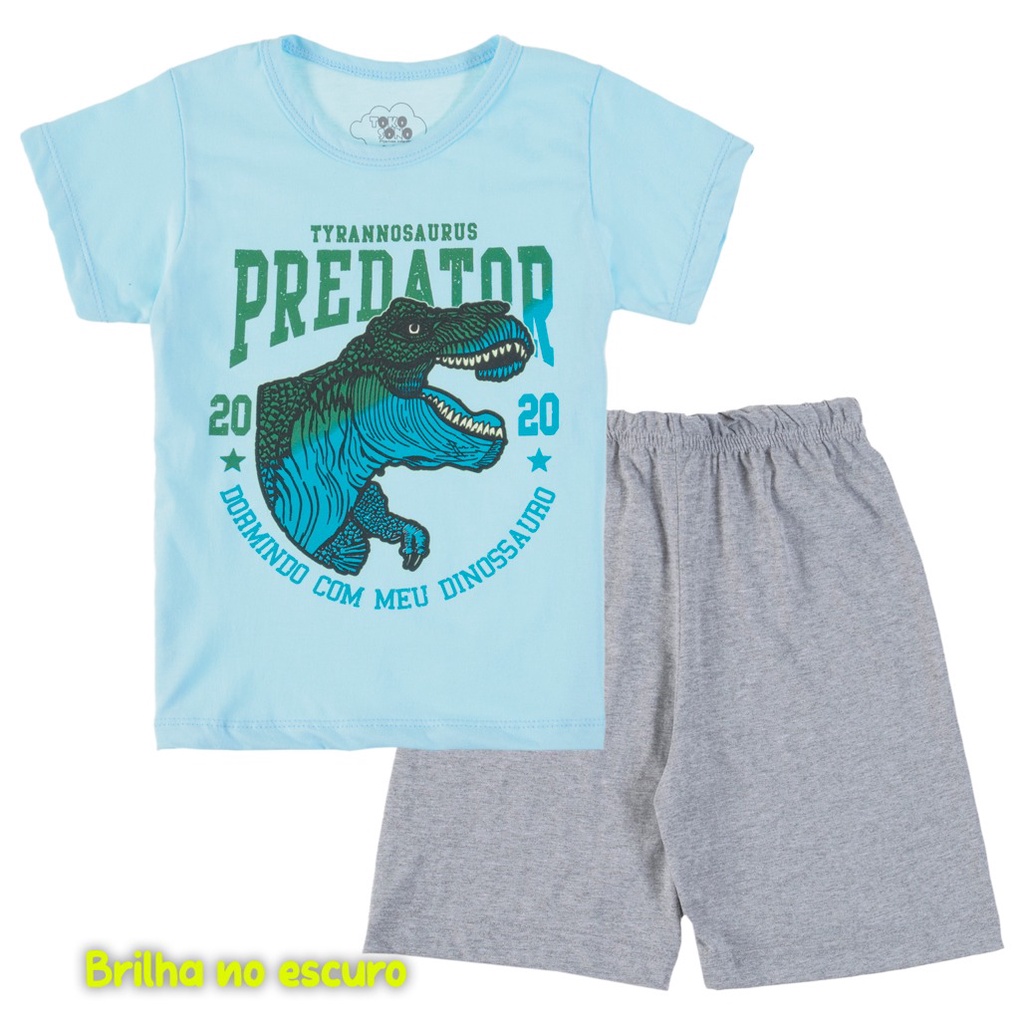 Conjunto De Pijama Com Estampa Dinossauro Que Brilha No Escuro Infantil Masculino Verão - Tamanho 4/6/8/10