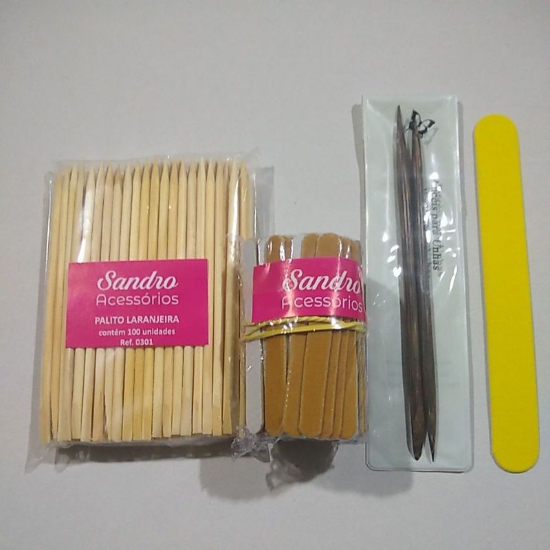 kit manicure 100 palitos de laranjeira, 100 lixa mini parda + 2 palitos de tucum,1 lixa canario