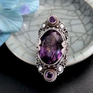 Nepal Prata 925 Sterling Prata Retro Anel de Prata Natural Ametista Jóias Tibetanas Presente de Aniversário Feminino R73