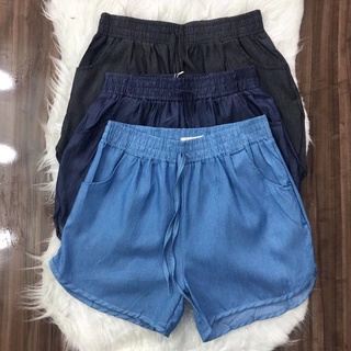 Short Shorts Feminino Jeans Fino Liso Cintura Elástico Bolsos Verão Importado