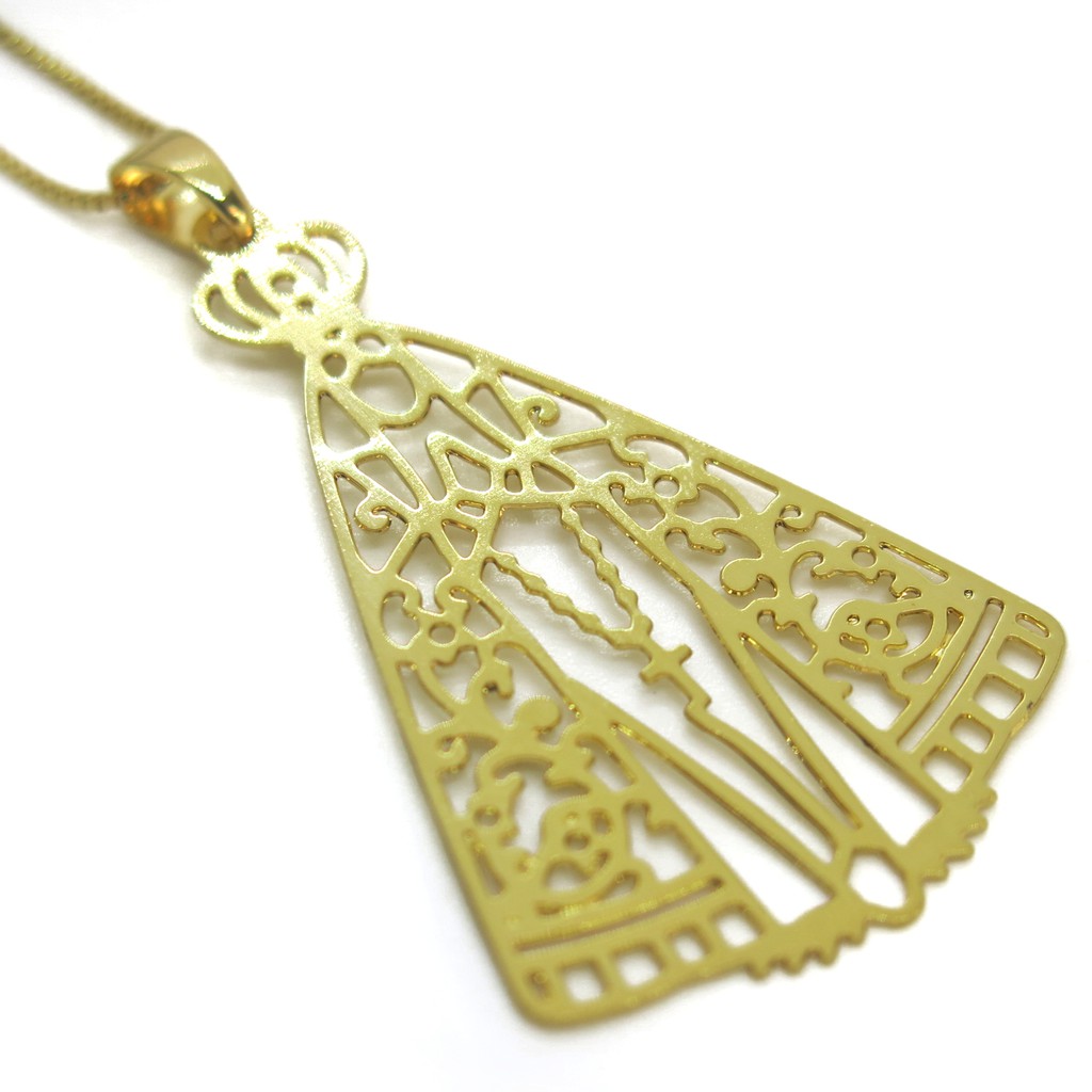 Colar Corrente Pingente Nossa Senhora Aparecida Vazada Folheado Ouro 18k Antialérgico Não Descasca Não Oxida Caixa para Presente Feminino Mãe Filha Esposa Embalagem Pronta Certificado de Garantia Religioso Cristão