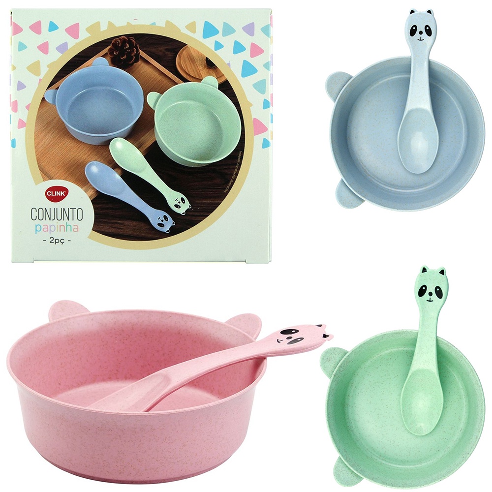 Kit Papinha com Tigela + Colher de Plástico 250 ml - 2 Pçs Cores Sortidas