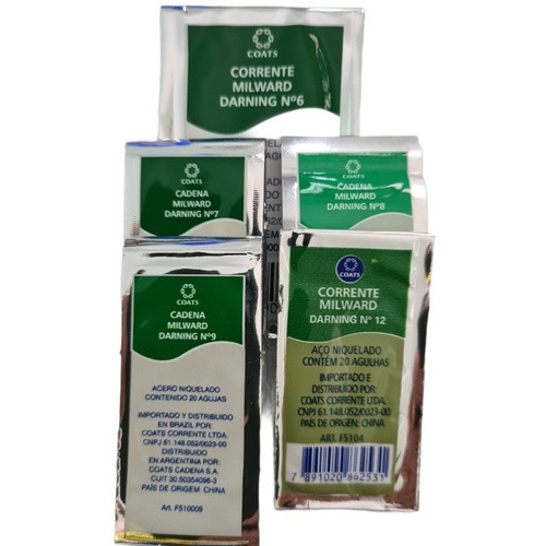 Combo De Agulhas De Mão - Números 6 / 7 / 8 / 9 / 12 - Com 05 pacotes - Cada pacote com 20 Unidades