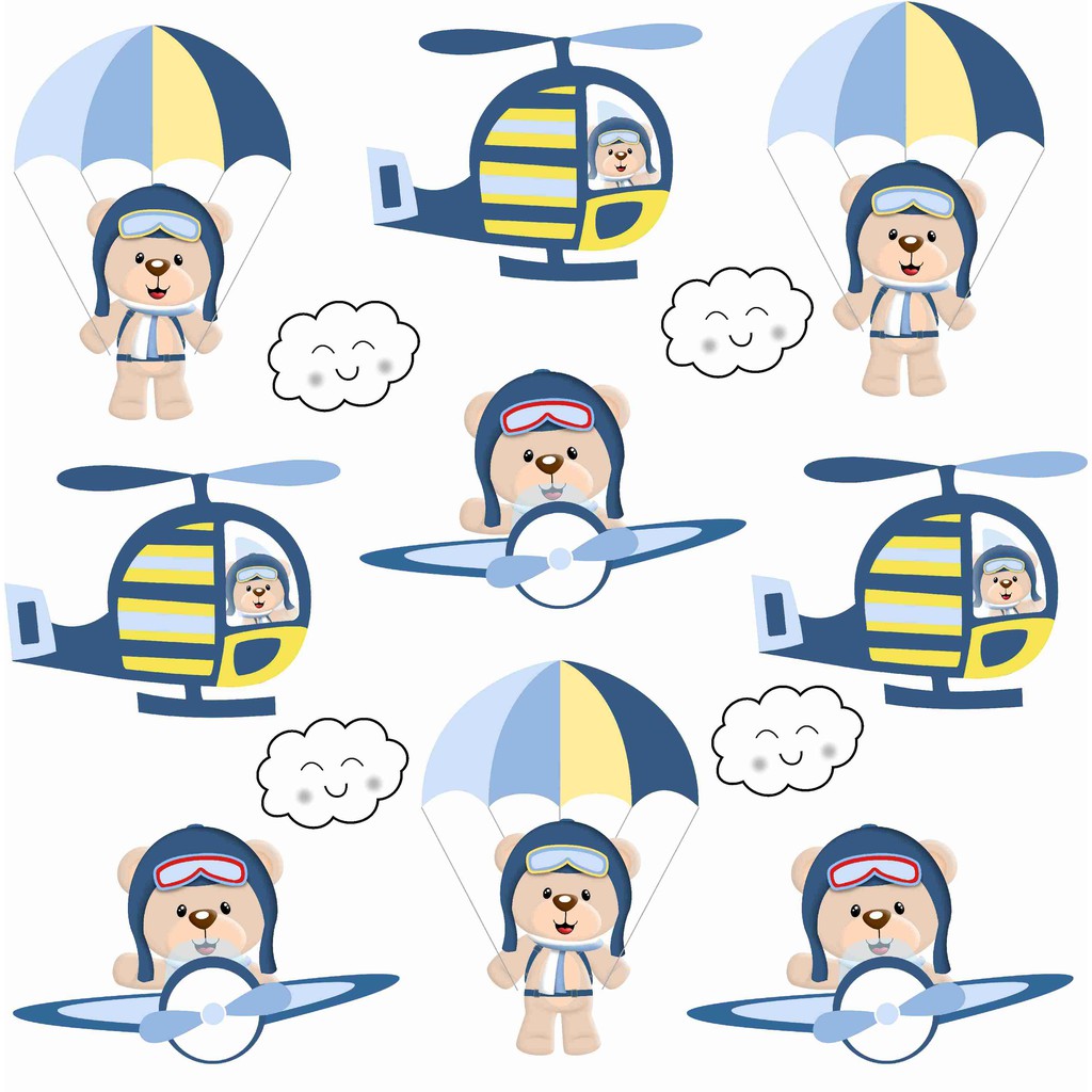 Adesivo Parede Ursinho Urso Aviador Avião Balão Baloeiro Menino Infantil Baby Decoração Quarto