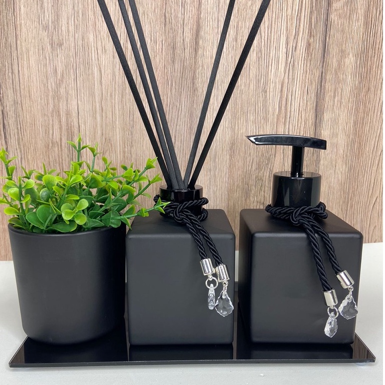 Kit Lavabo/Banheiro Preto Cubo 4 Peças Bandeja + Pingente + Varetas em Oferta na Shopee